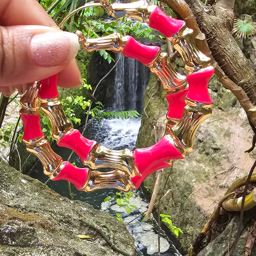 Hot Pink Enamel Bamboo Hoop Earrings