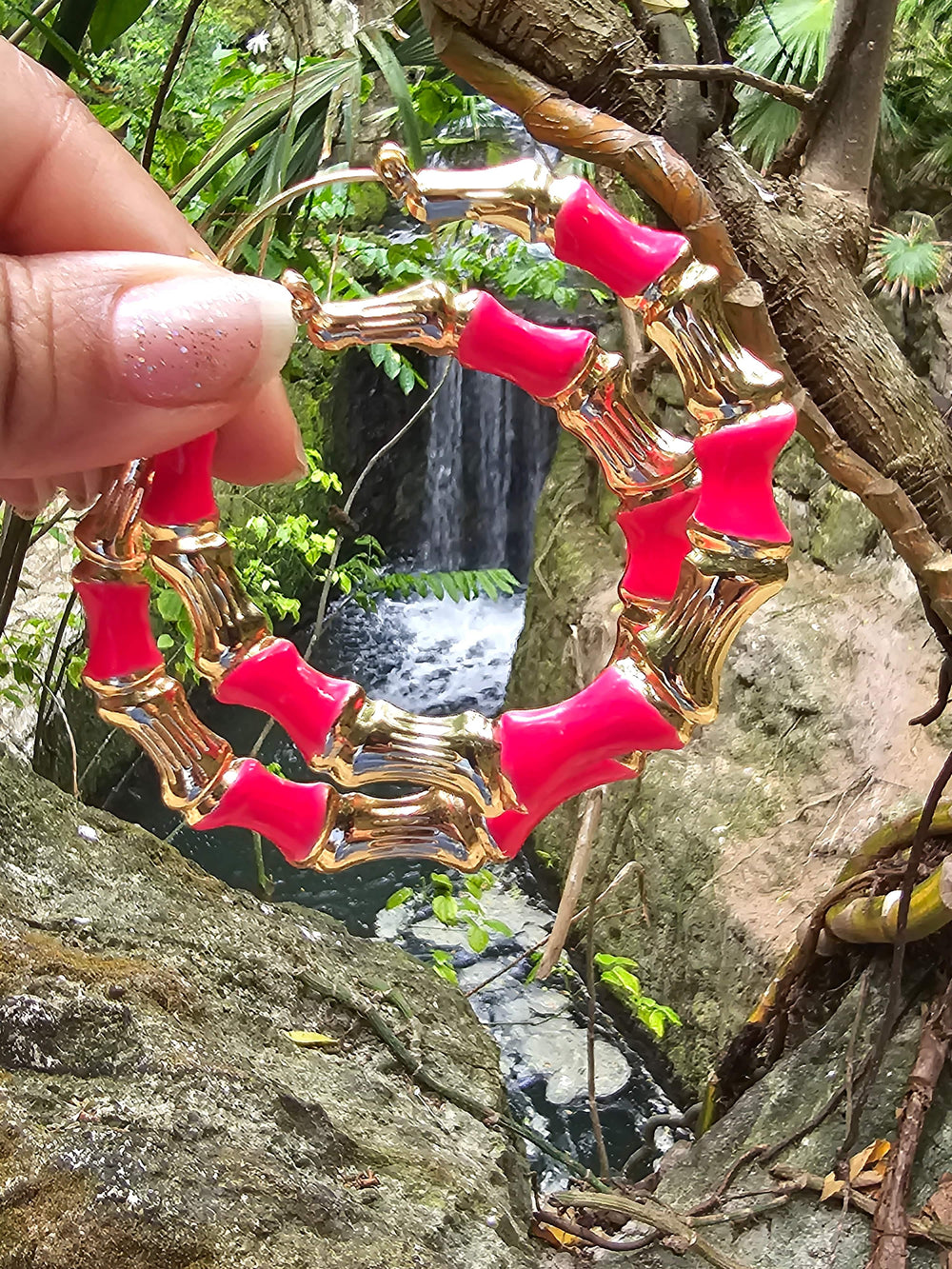 Hot Pink Enamel Bamboo Hoop Earrings