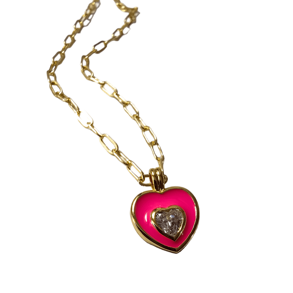 Pink Cz Enamel Heart Necklace