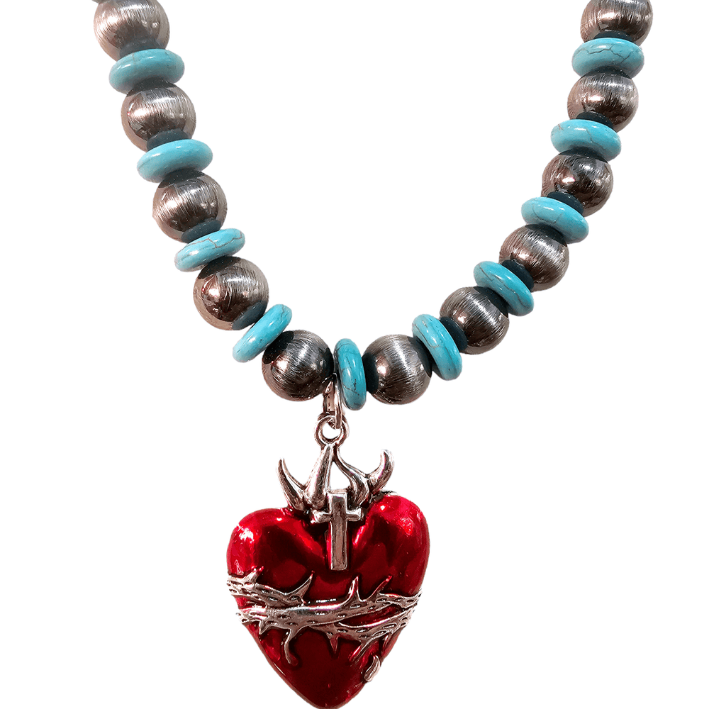 Sacred Heart Enamel Turquoise Necklace