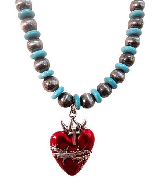 Sacred Heart Enamel Turquoise Necklace