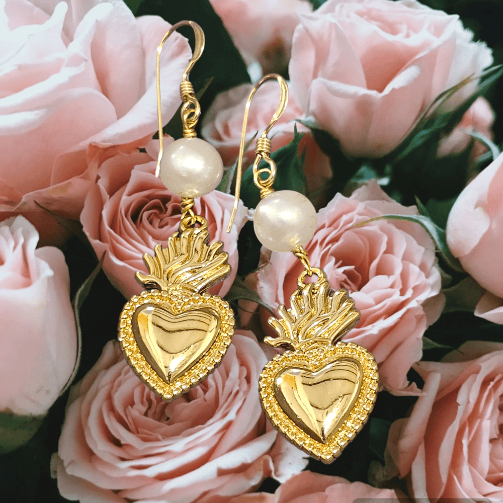 Sacred Heart Gold Pearl Earrings