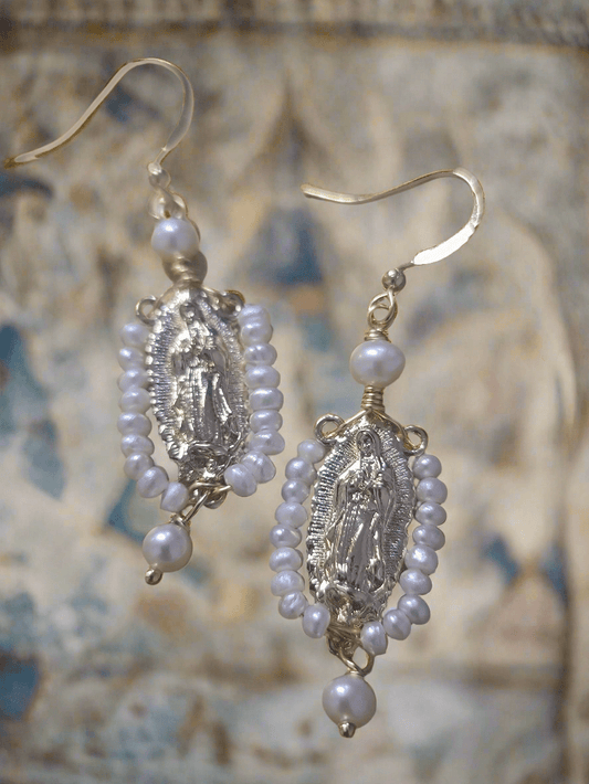 Virgen de Guadalupe Rosary Seed Pearl Earrings
